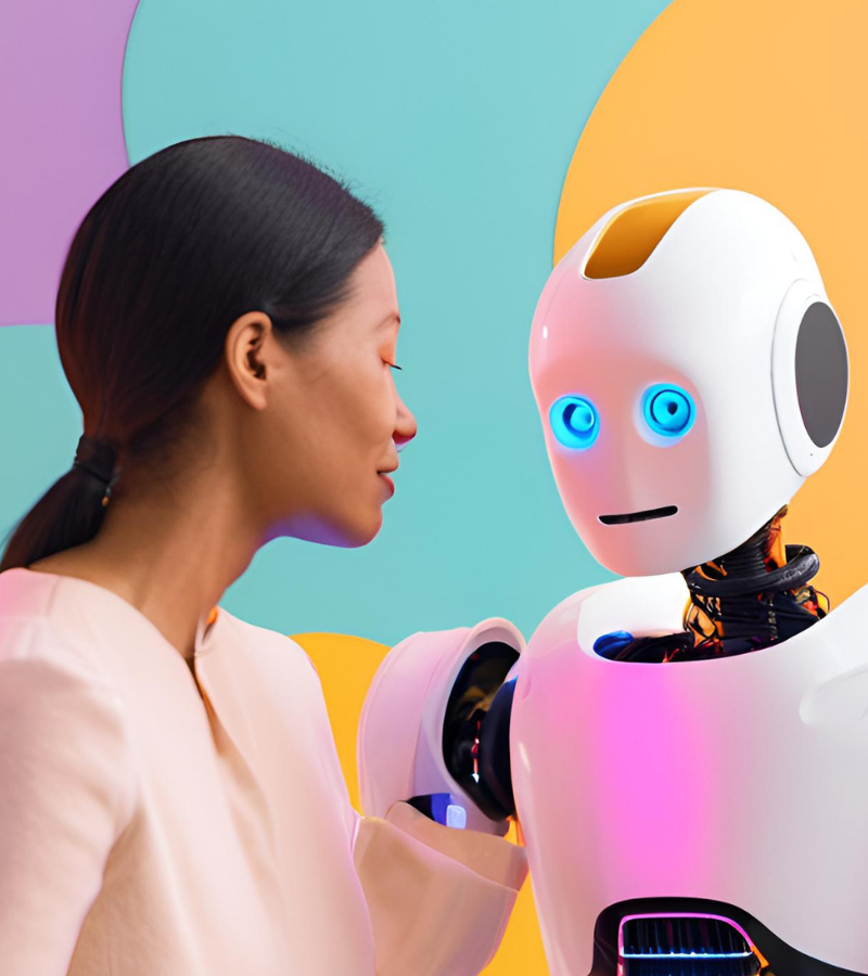 Woman working with an AI robot to grow emotional intelligence